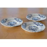 Three Meissen openwork plates, onion pattern in blue, pierced wavy rim, Meissen sword mark, mould n
