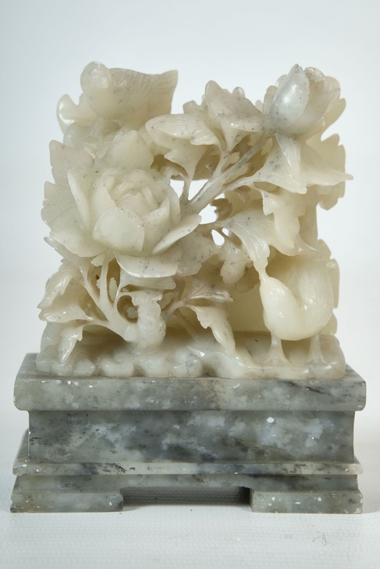 Soapstone carving, Flower border with bird, China around 1920.