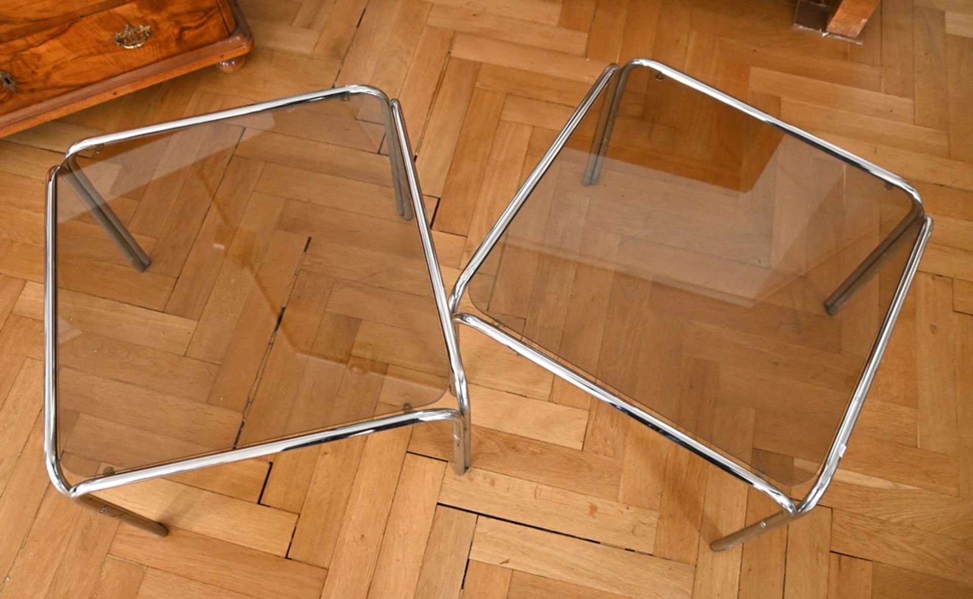 Two side tables, square side tables, chrome frame with tinted glass top, 1970s, 41x58x61cm - Image 6 of 10