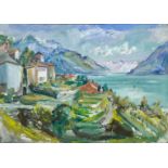 Lange-Brock, August (1891-1978), attributed Mountain village with lake, bright landscape painting w