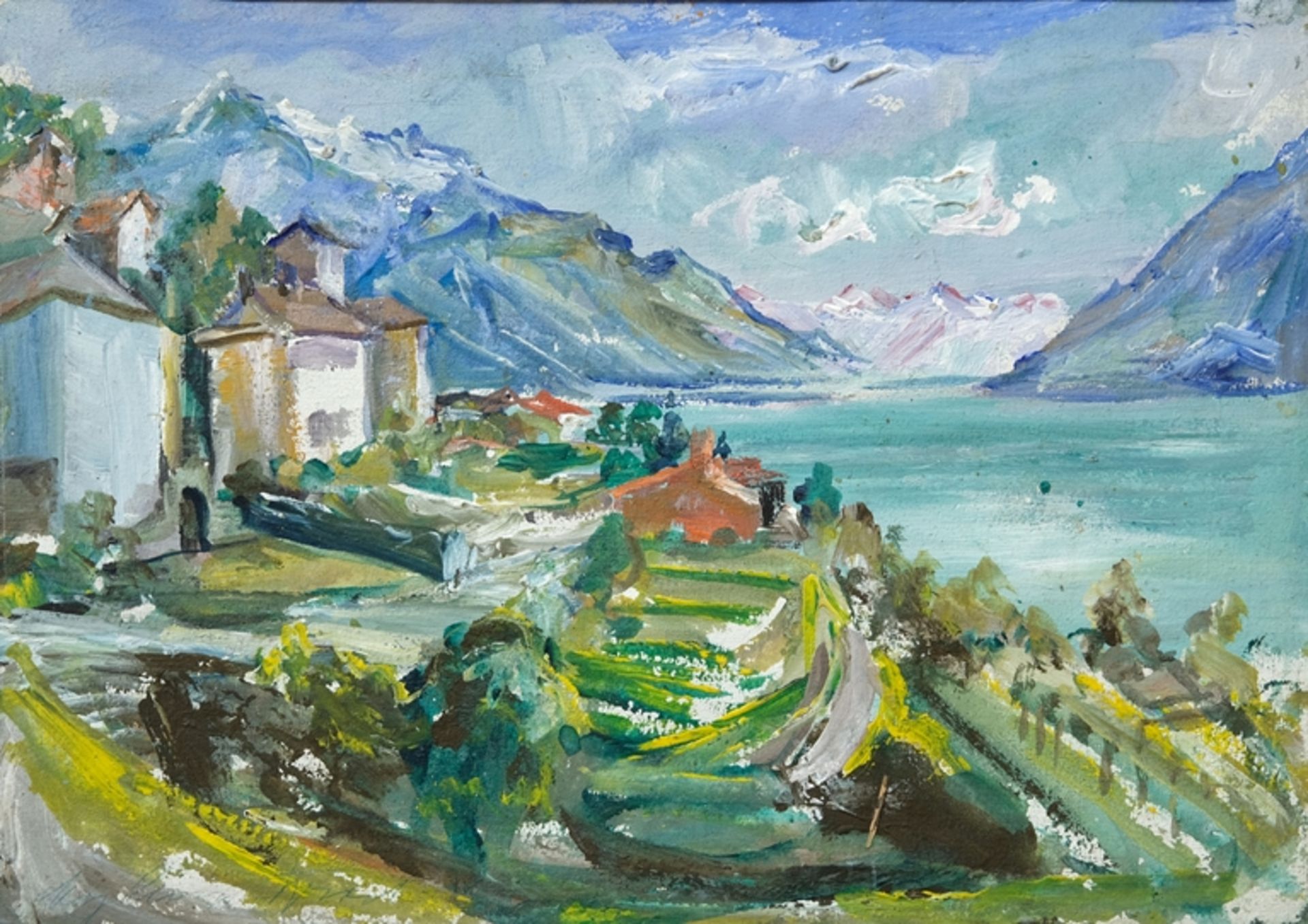 Lange-Brock, August (1891-1978), attributed Mountain village with lake, bright landscape painting w