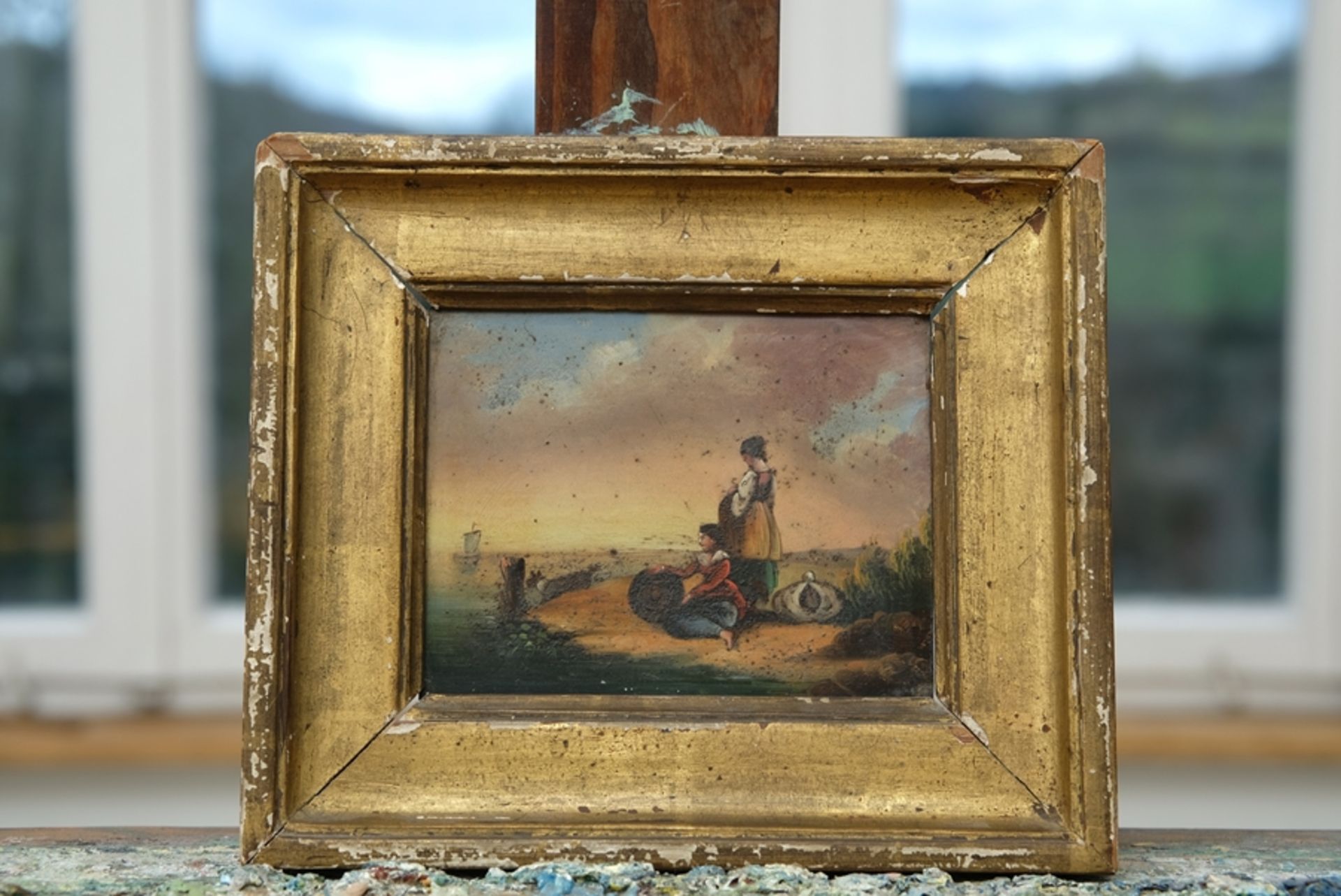 Unknown, Two girls on the shore, oil miniature on metal plate.  - Image 2 of 3