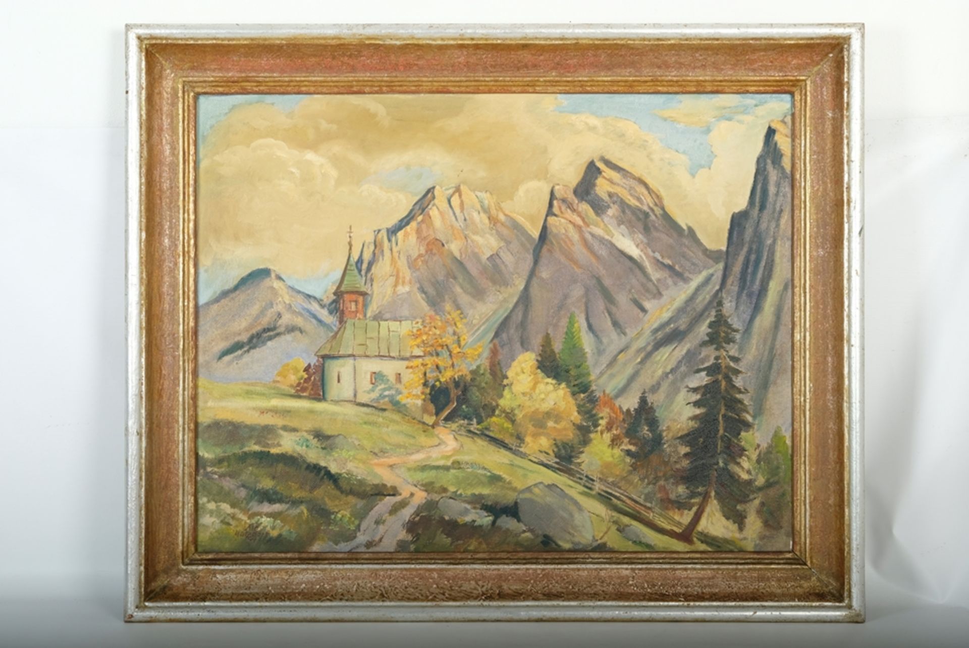 Matzdorf, Albert (1912-1992) Wanderung zu einer Kapelle in den Bergen, Ölgemälde/Pastell auf Leinwa - Bild 2 aus 4