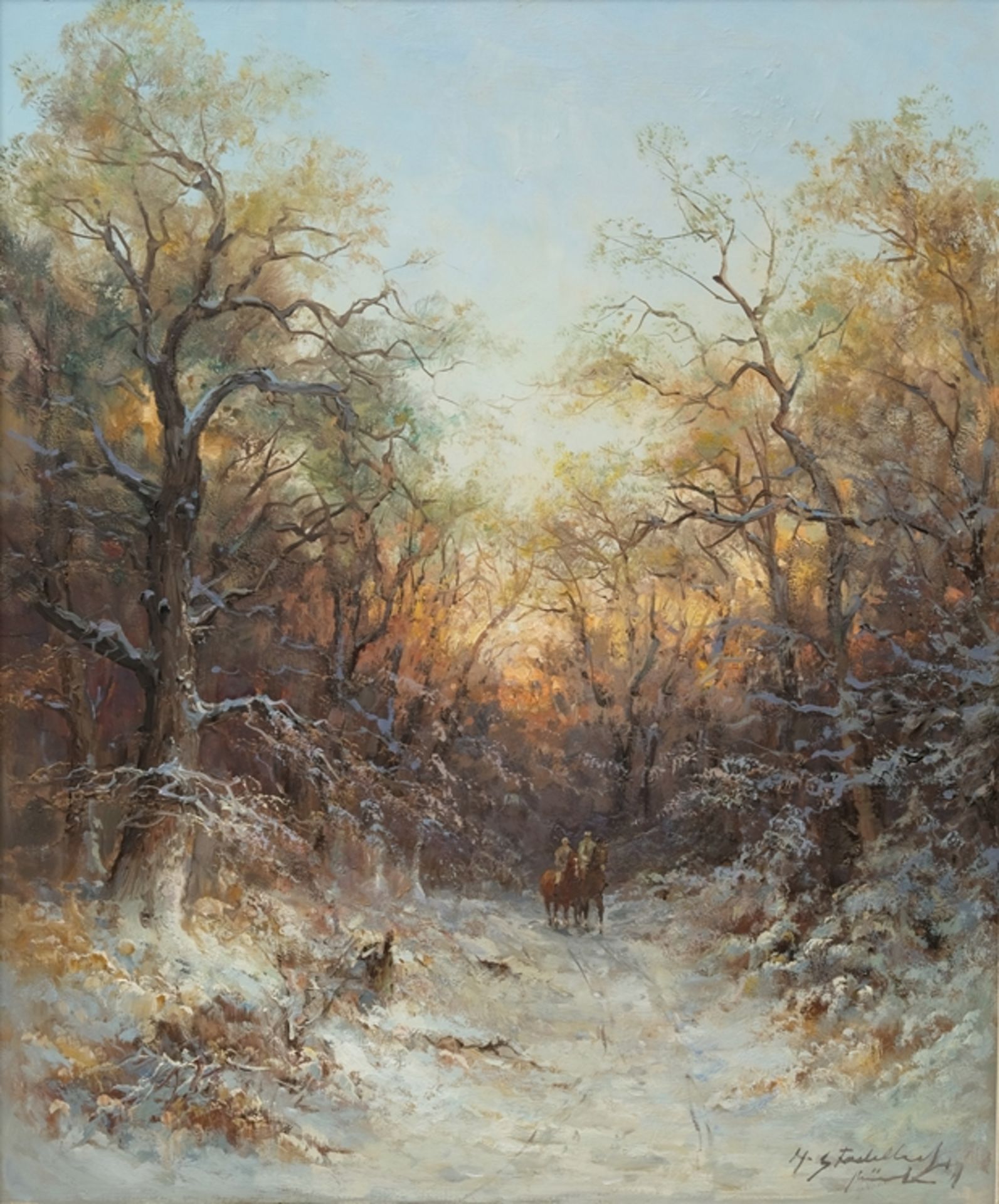 Stadelhofer, Helmut (1914-1979) Winter Ride through the Forest, oil on canvas. Sunrise or sunset. 