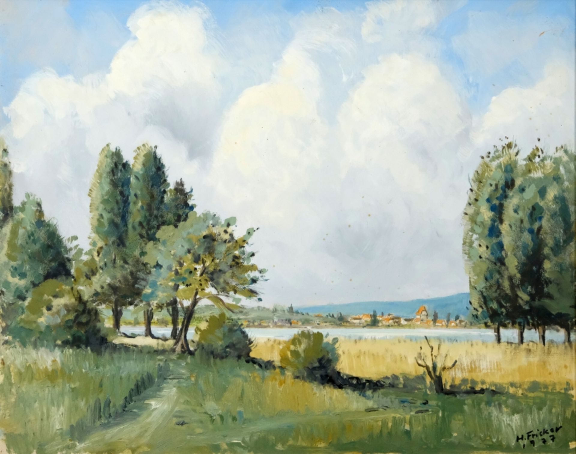 Fricker, H. (20th century)(20th century) View from Ermatingen to Oberzell with St George, 1977, oil