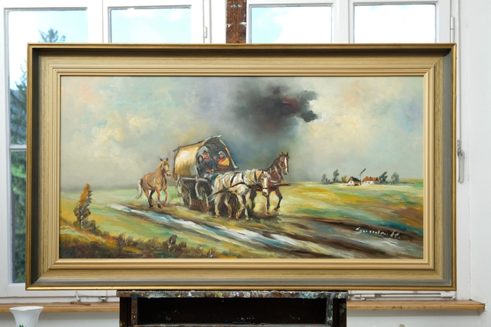 Kelemen, Sandor (Hungary-1990), Horse and cart, oil on panel.  - Image 2 of 4