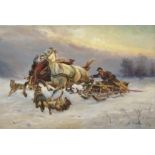 Stadelhofer, Helmut (1914-1979) Wolf Attack, oil on canvas. Horse-drawn sleigh in the snow. 