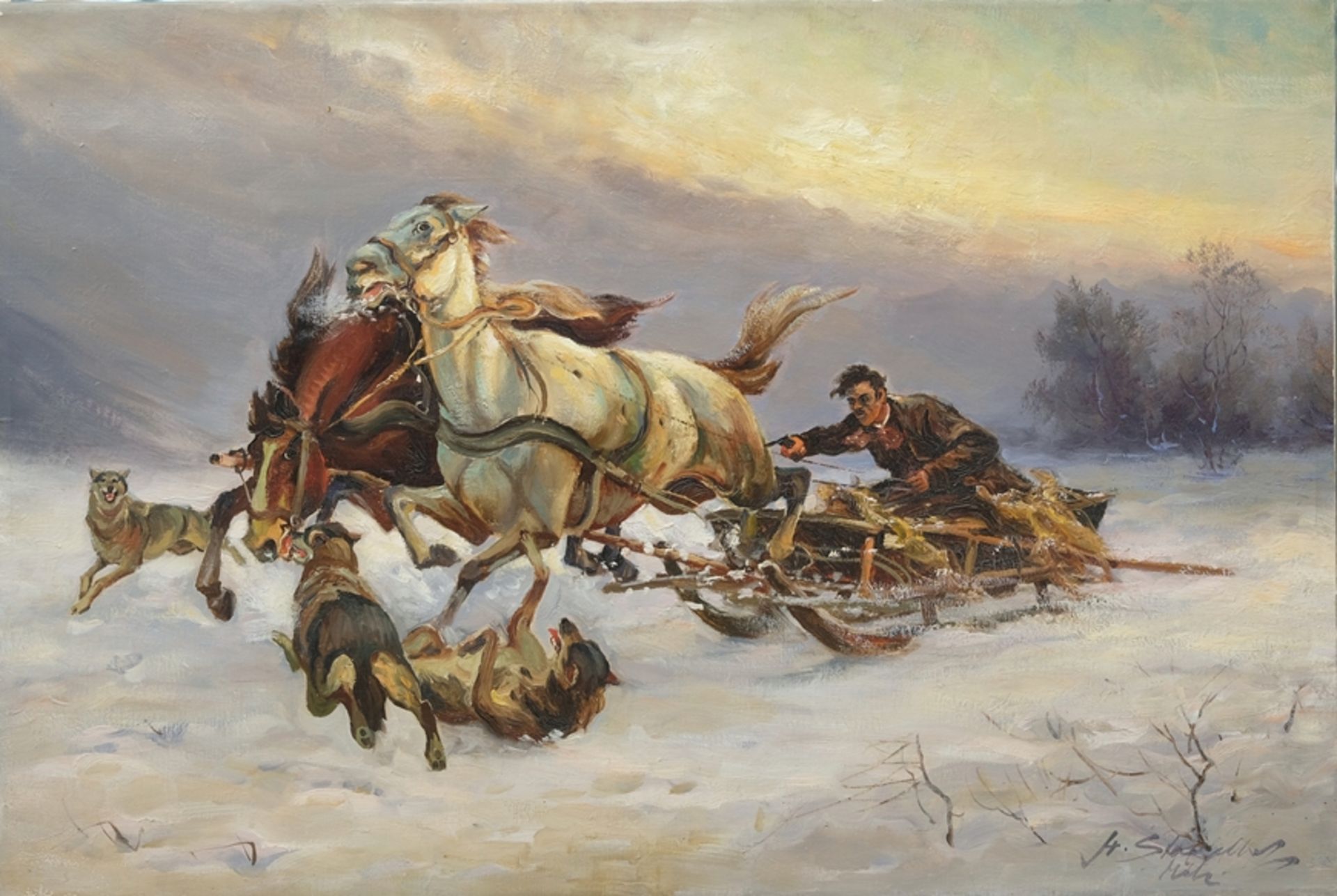 Stadelhofer, Helmut (1914-1979) Wolf Attack, oil on canvas. Horse-drawn sleigh in the snow. 