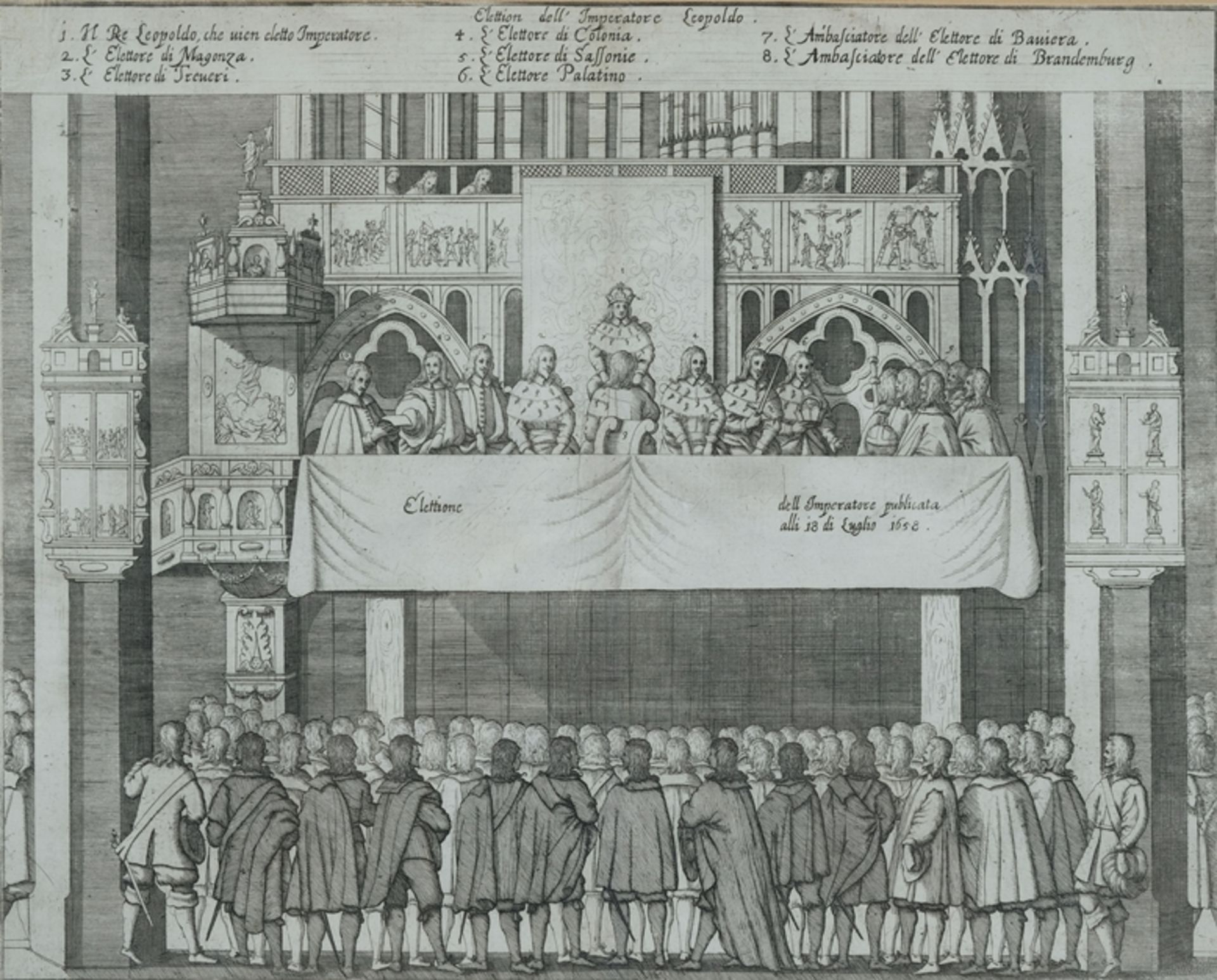 "Wahl von Leopold zum Kaiser des Heiligen Römischen Reiches am 18 Juli 1658", "dell imperatore publ