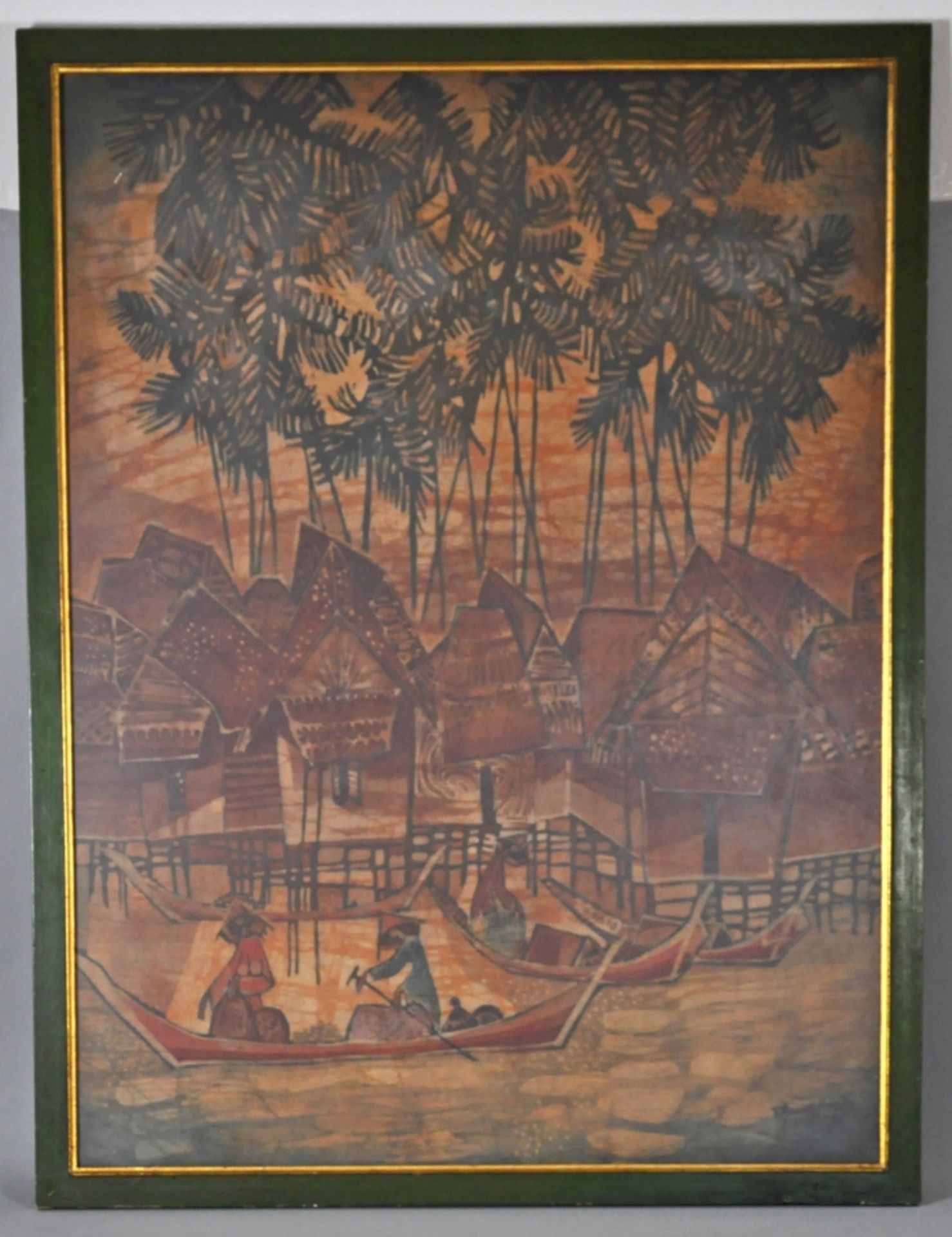 Batikkünstler Häuser am Fluss, 20. Jh. Indonesien, Batik auf Stoff. Indonesische Häuser auf hohen P - Bild 2 aus 3