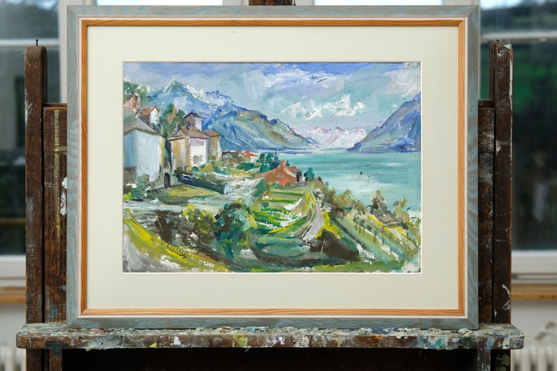 Lange-Brock, August (1891-1978), attributed Mountain village with lake, bright landscape painting w - Image 2 of 4