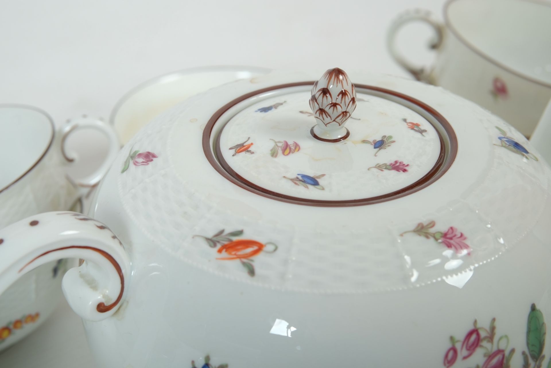 Nymphenburg Tea Service I "Rose Bouquet - brown rim", hand-painted, for 6 persons, ozier relief, 6  - Image 3 of 5