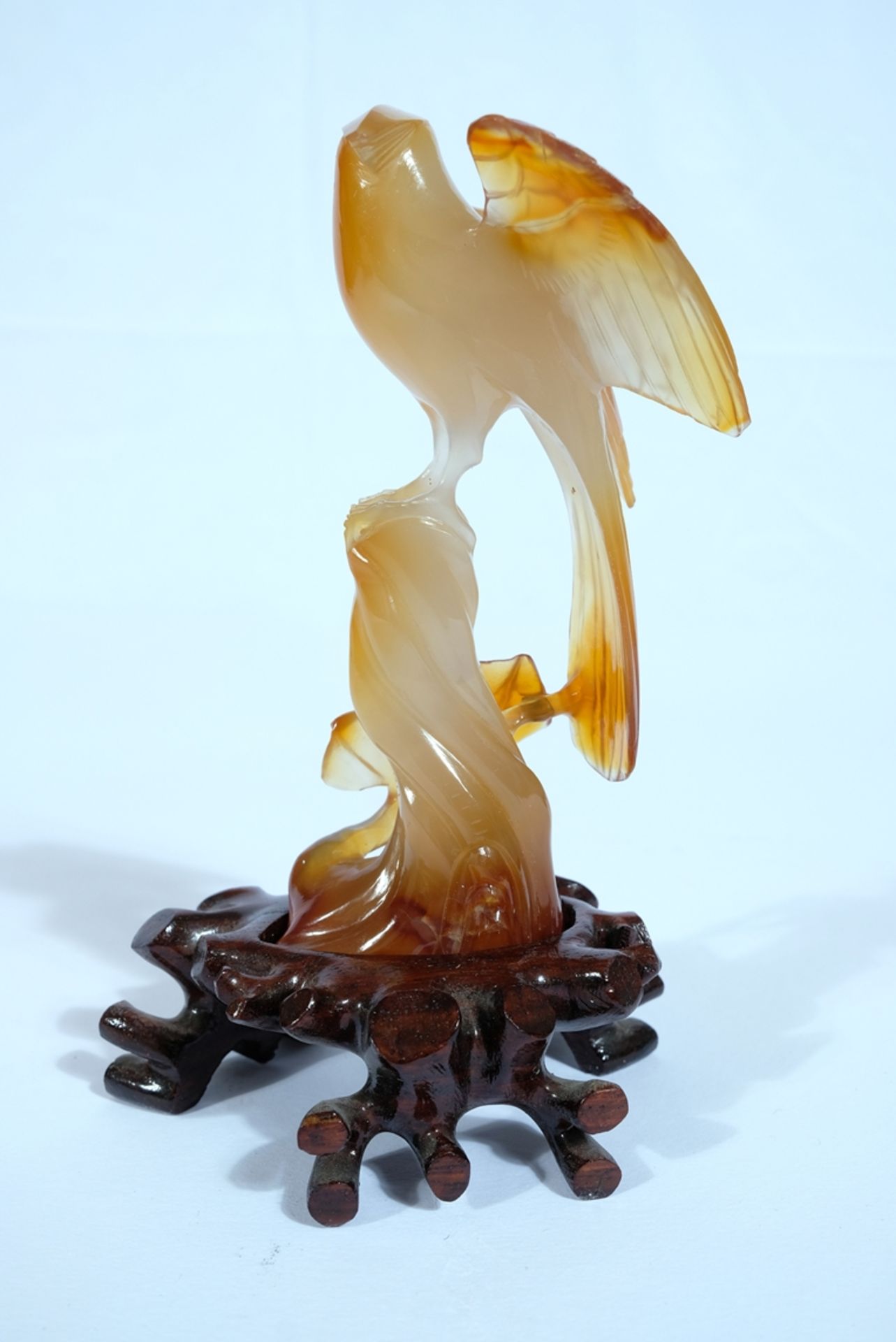 China carnelian "Phoenix", root wood base. H 14 cm. Tiny edge chips in places. - Image 2 of 2