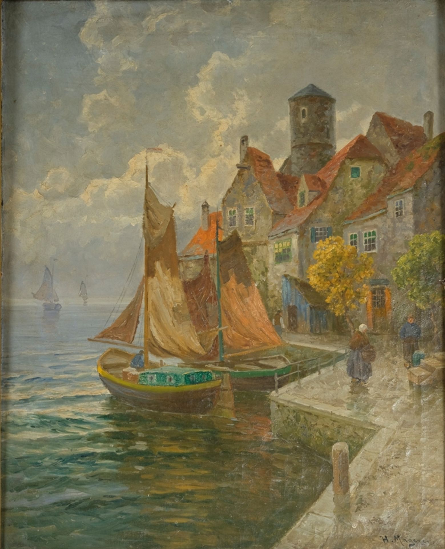 Magerer, H. (20th century) Wall of a harbour with sailing ships, oil on canvas. 