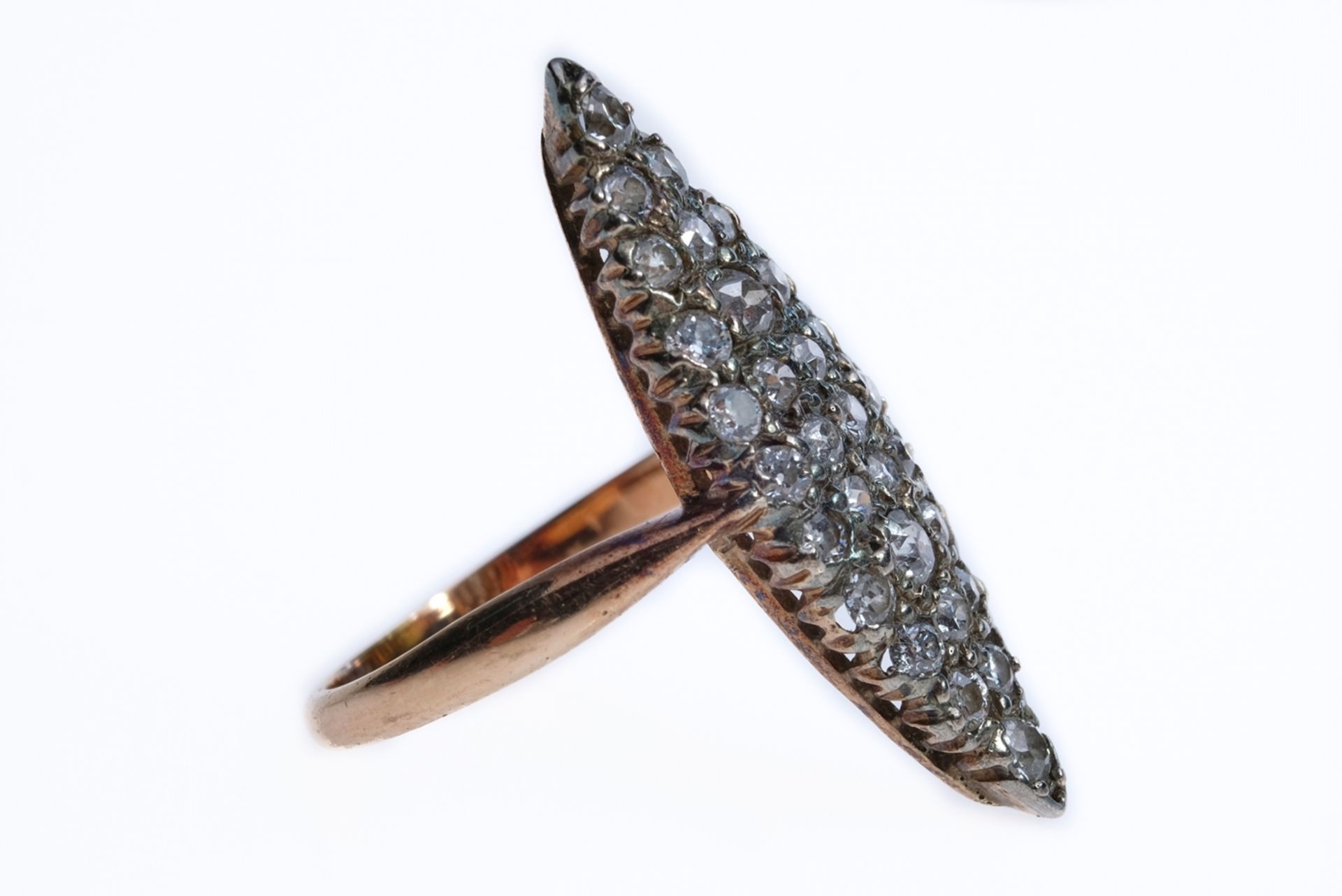 Antique boat-shaped ring set with 30 brilliant-cut diamonds, tested, each around 0.02ct, setting si