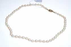 Perlenkette, mit über 60 Perlen, einzeln geknüpft, Steckverschluss 585 Gelbgold, punziert, L 52 cm,