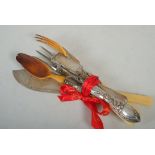 Six pieces of salad/ serving cutlery made of horn, probably silver and silver-plated metal, salad f