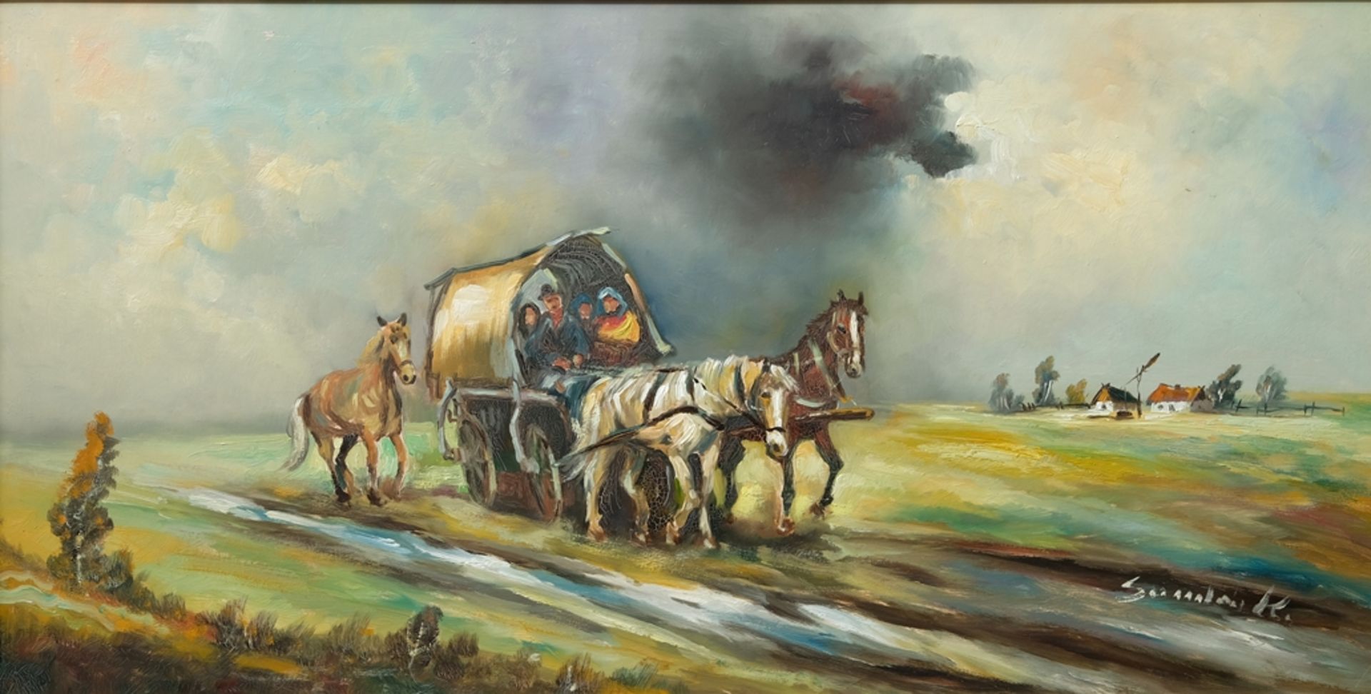 Kelemen, Sandor (Hungary-1990), Horse and cart, oil on panel. 