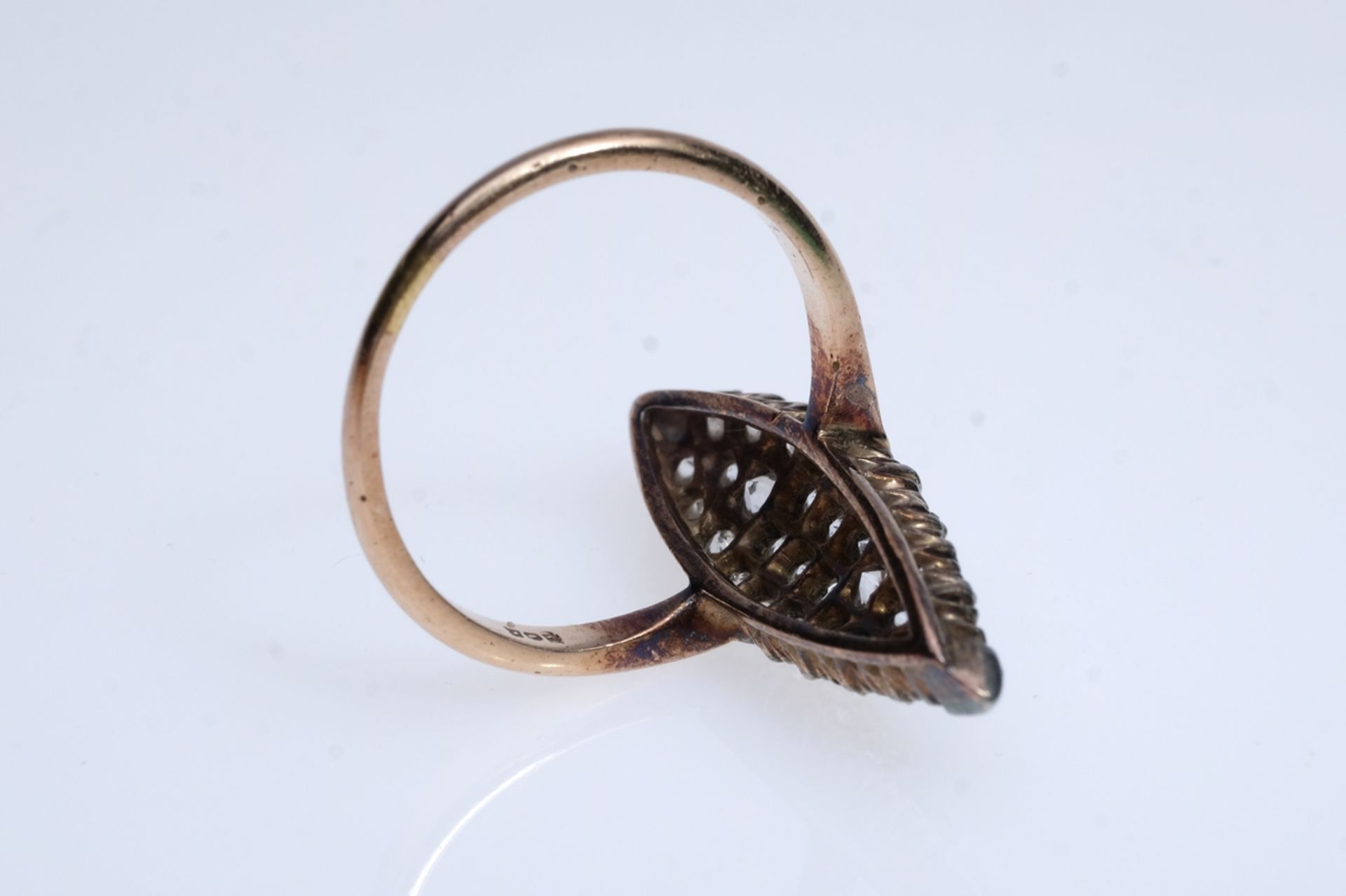 Antique boat-shaped ring set with 30 brilliant-cut diamonds, tested, each around 0.02ct, setting si - Image 3 of 3