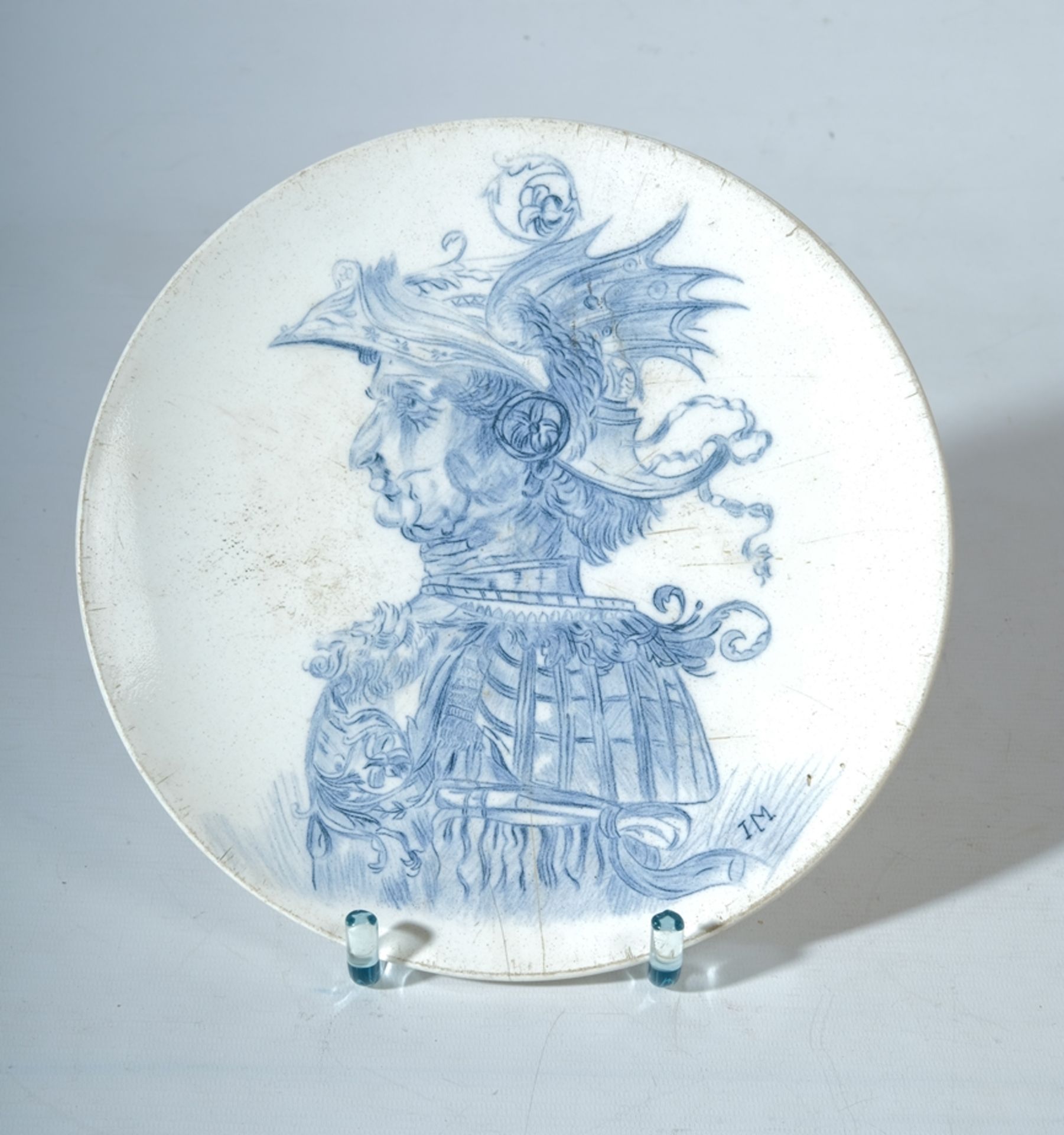 Weimar plate with blue portrait, painting monogrammed "I.M."; Herrmann Heyne Weimar; marked "1590" 