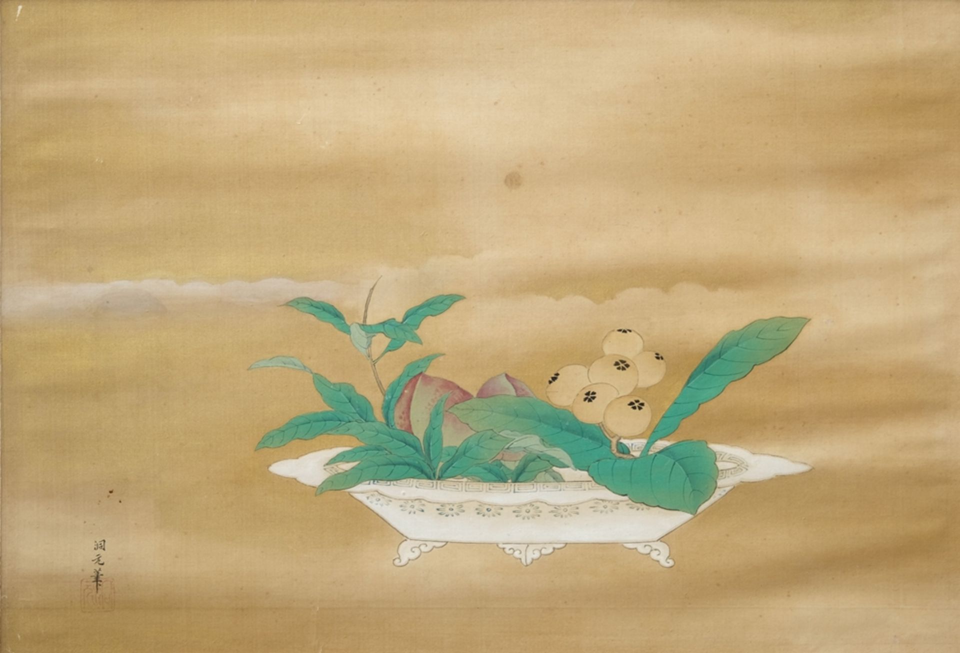 Silk painting, Ikebana arrangement in porcelain bowl, probably 20th century, Japan. Depiction of Ja