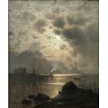 Riess, Paul (1857-1933) Norwegian coastal landscape by moonlight, around 1890, oil on wood.