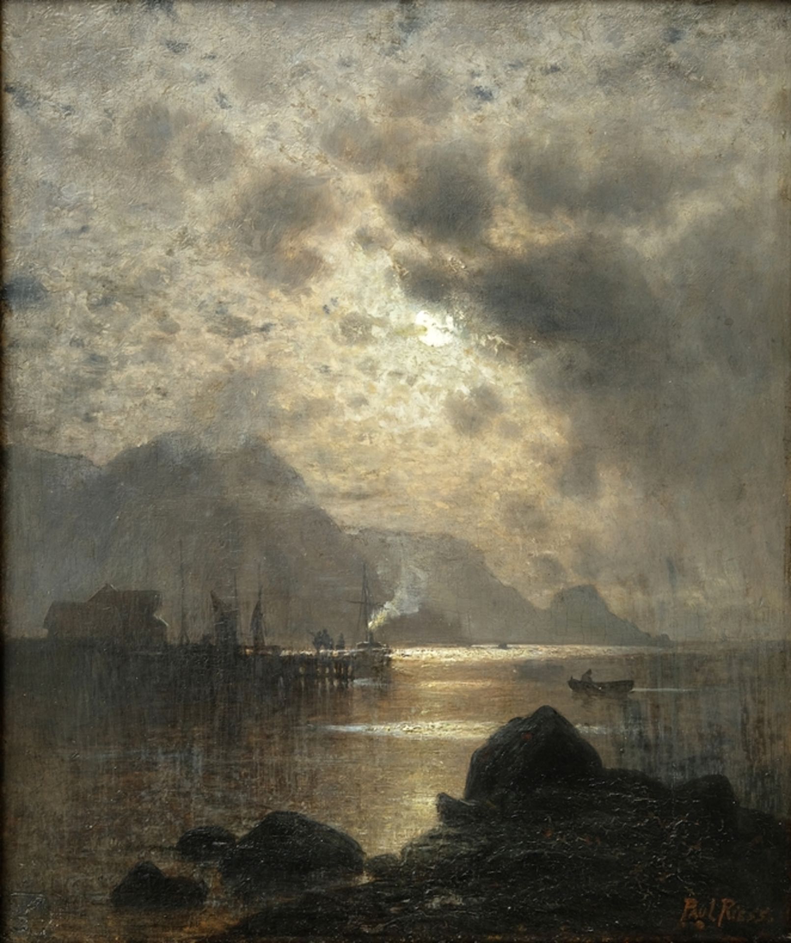 Riess, Paul (1857-1933) Norwegische Küstenlandschaft bei Mondschein, um 1890, Öl auf Holz.