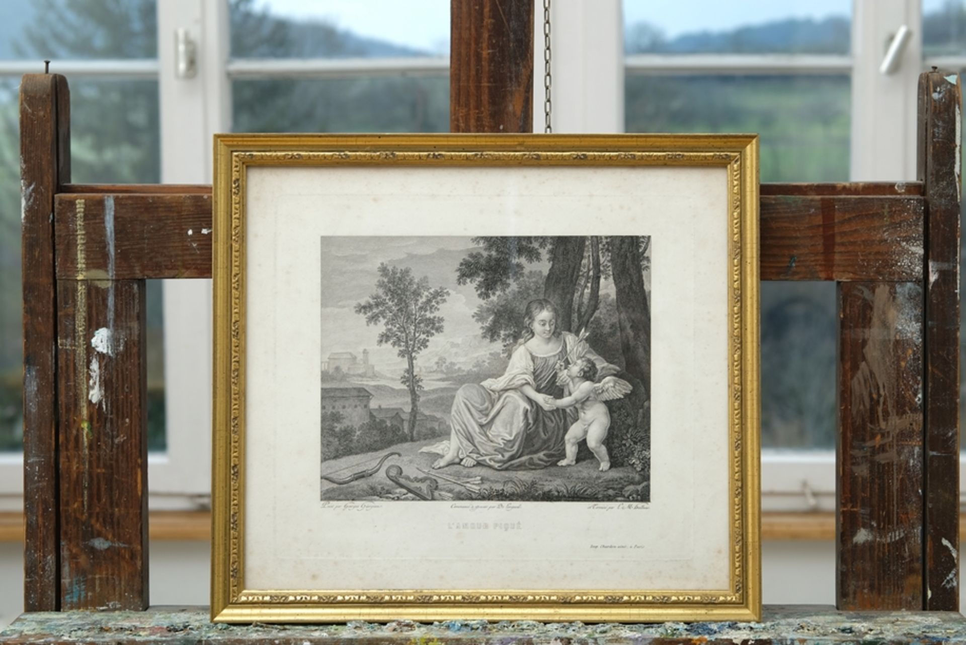 "L'Amour piqué", ca. 1786-1808, on paper. Inscribed "Peint par Georges Géorgion - Commencé à graver - Image 2 of 4