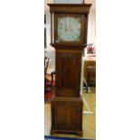 English grandfather clock, around 1840, oak. Rectangular base, overlying centre section with a door