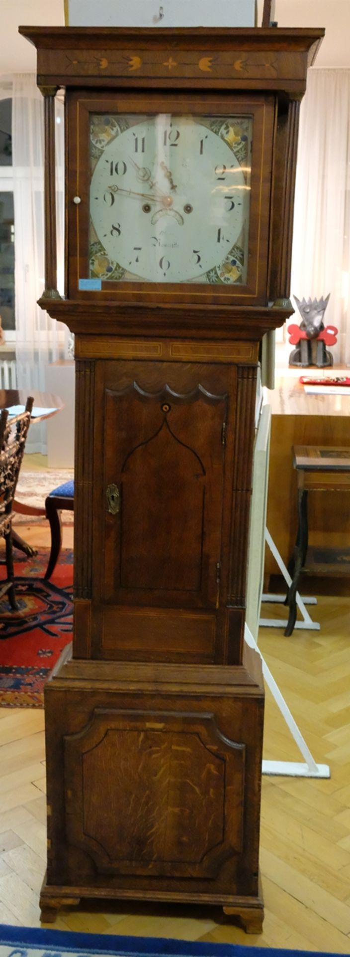 English grandfather clock, around 1840, oak. Rectangular base, overlying centre section with a door