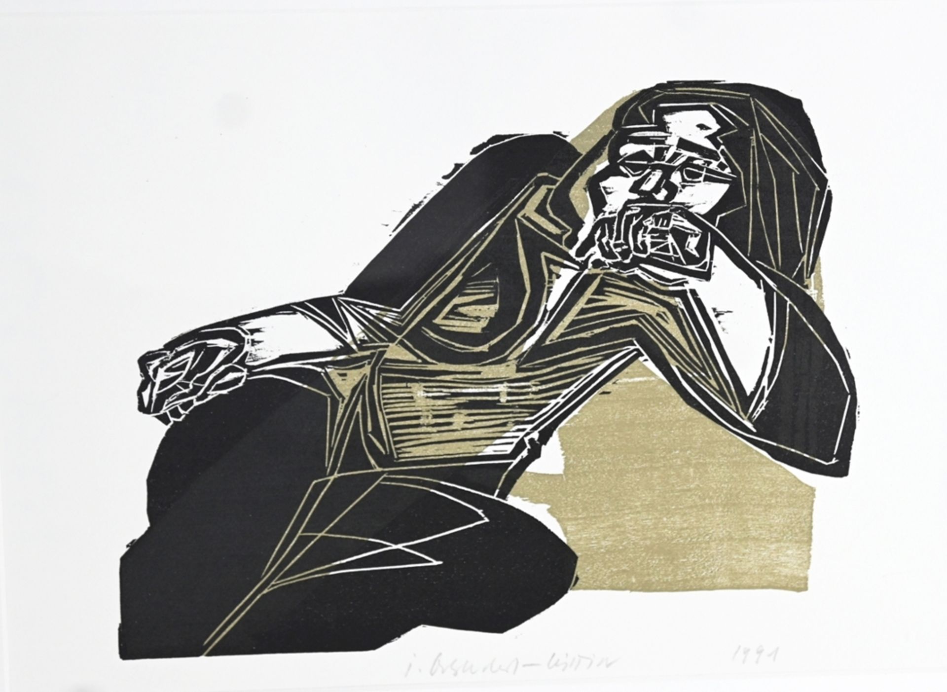 Osswald-Lüttin, Ingeborg (1921-2013) Die Ruhende, 1991, Linolschnitt.