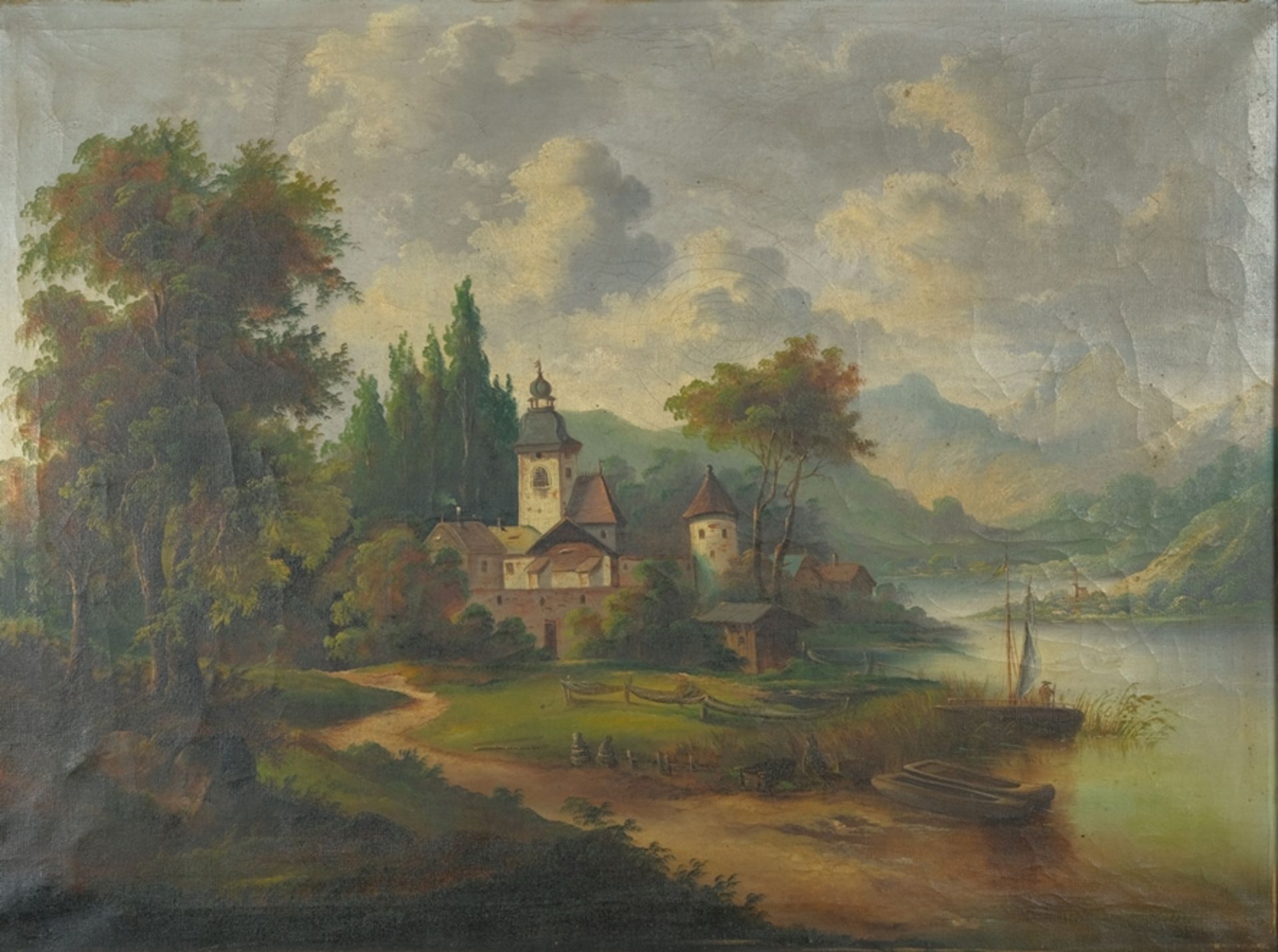 UNKNOWN "Church by the river", oil painting on canvas. 