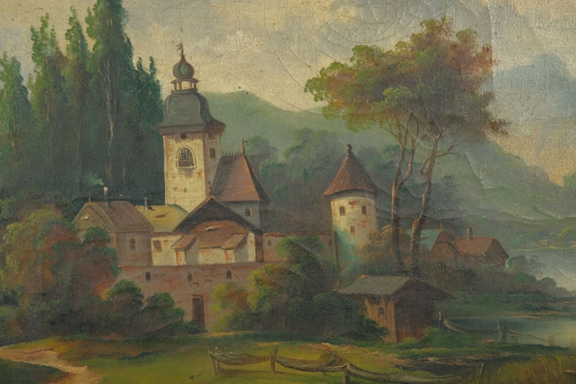 UNKNOWN "Church by the river", oil painting on canvas.  - Image 3 of 4