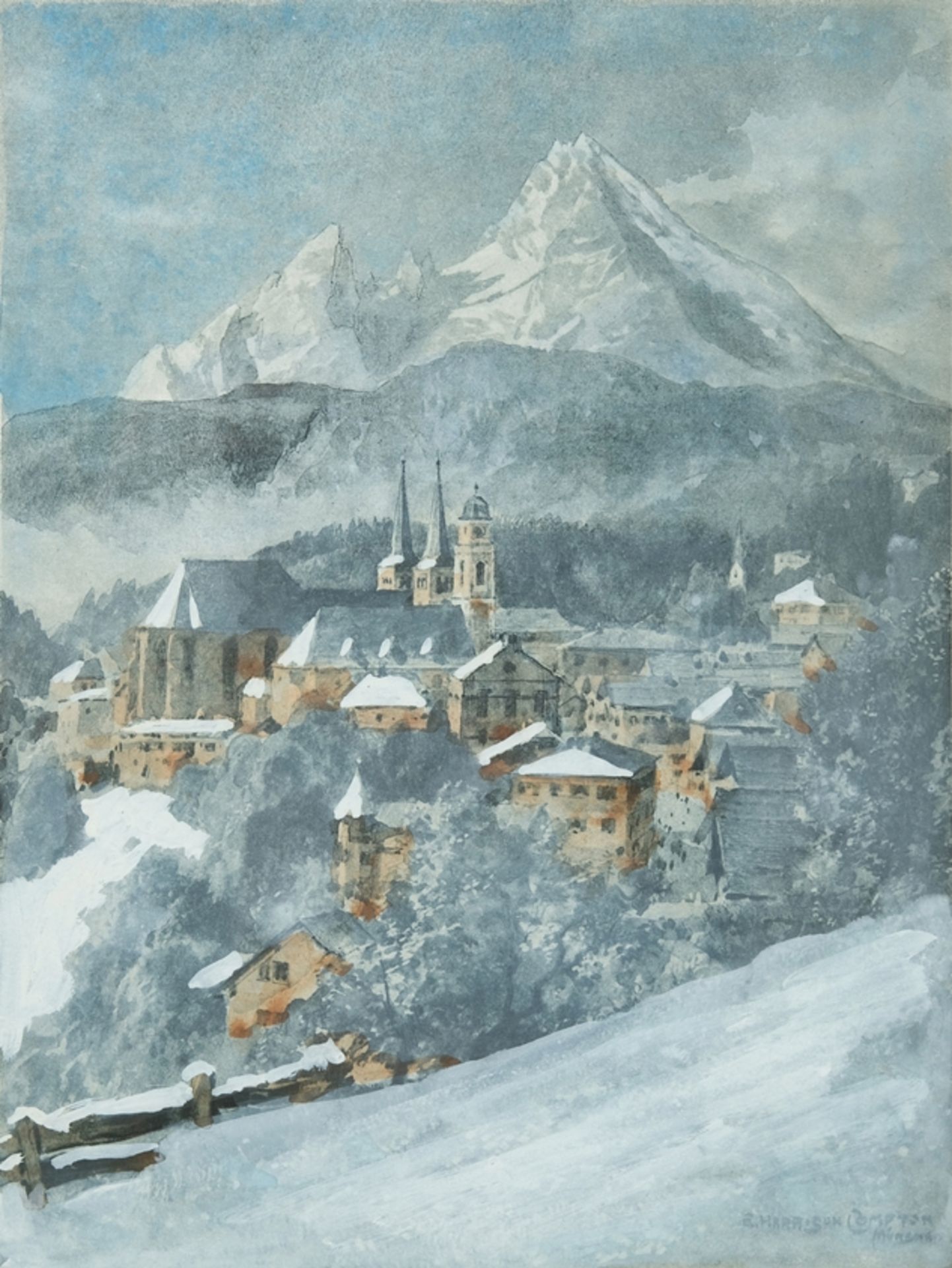 Compton, Edward Harrison (1881-1960) Berchtesgaden with Watzmann, lithograph, hand-coloured. 