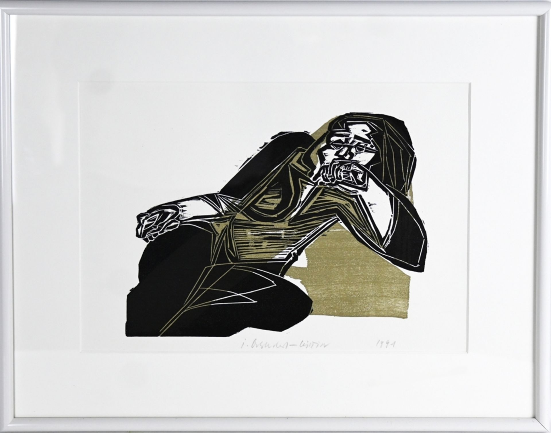 Osswald-Lüttin, Ingeborg (1921-2013) Die Ruhende, 1991, linocut. - Image 2 of 4