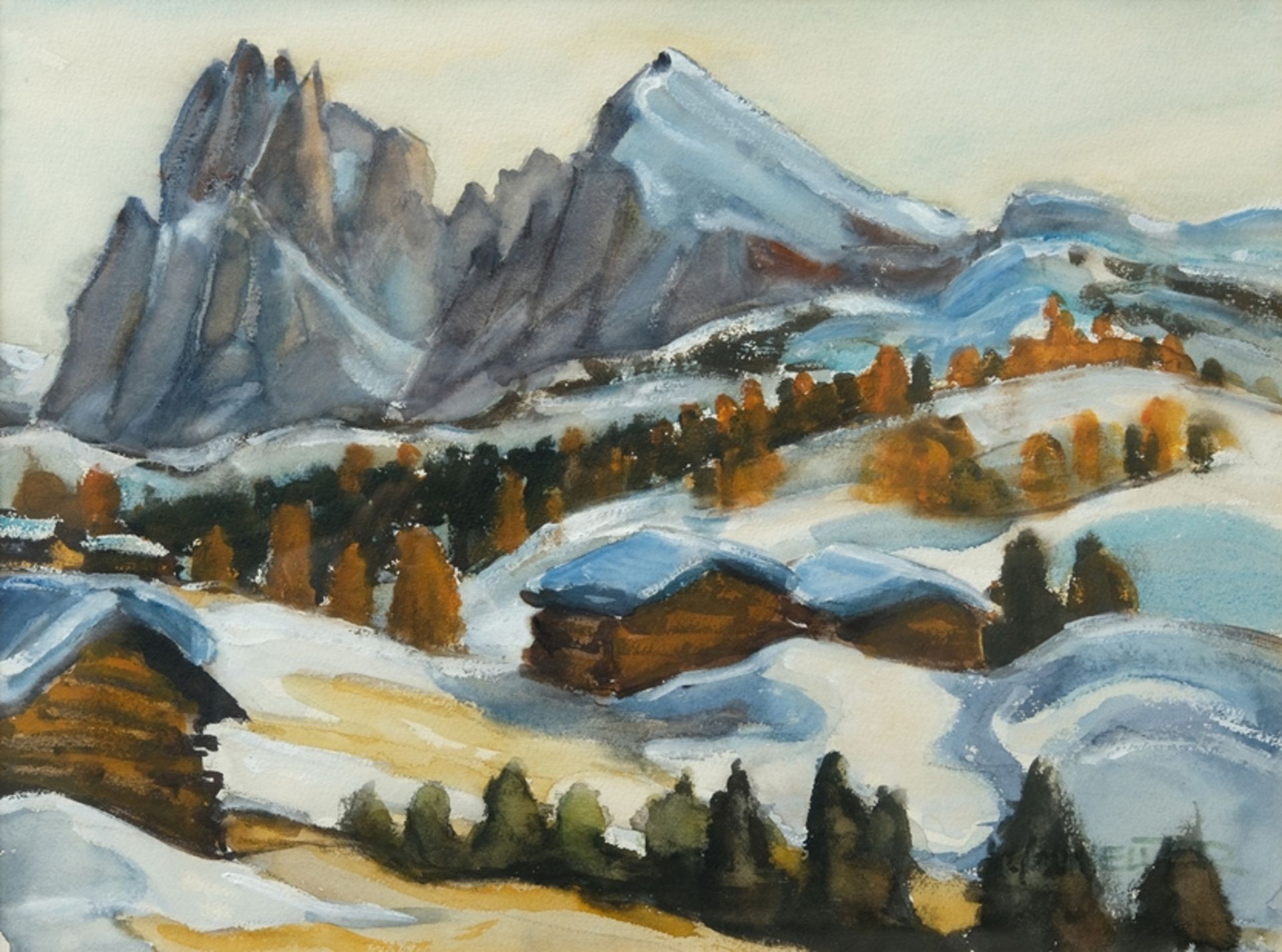 Unknown, winter mountain landscape, mixed media on canvas. 