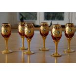 Six Murano champagne flutes, Trefuochi, original Venetian champagne glasses, ruby red glass, gold l