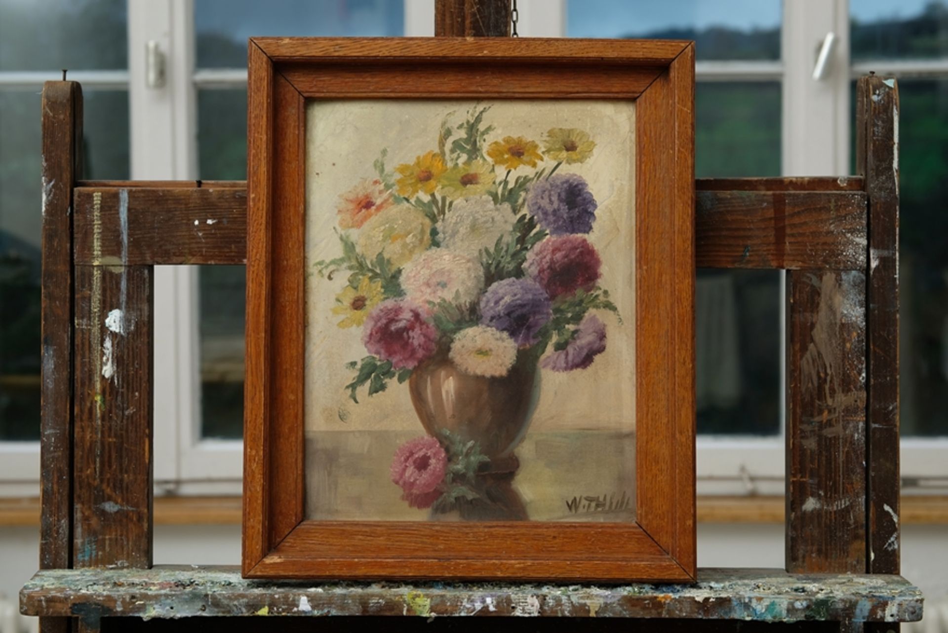 Thiele, Wilhelm (1872-1939) „Herbstblumen“ in Vase, Ölgemälde auf Platte, ohne Jahr. - Bild 2 aus 4