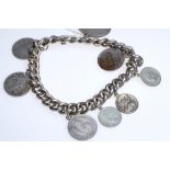 Coin bracelet, 835 silver, coarse link, with safety guard, seven different coins from the 20th cent