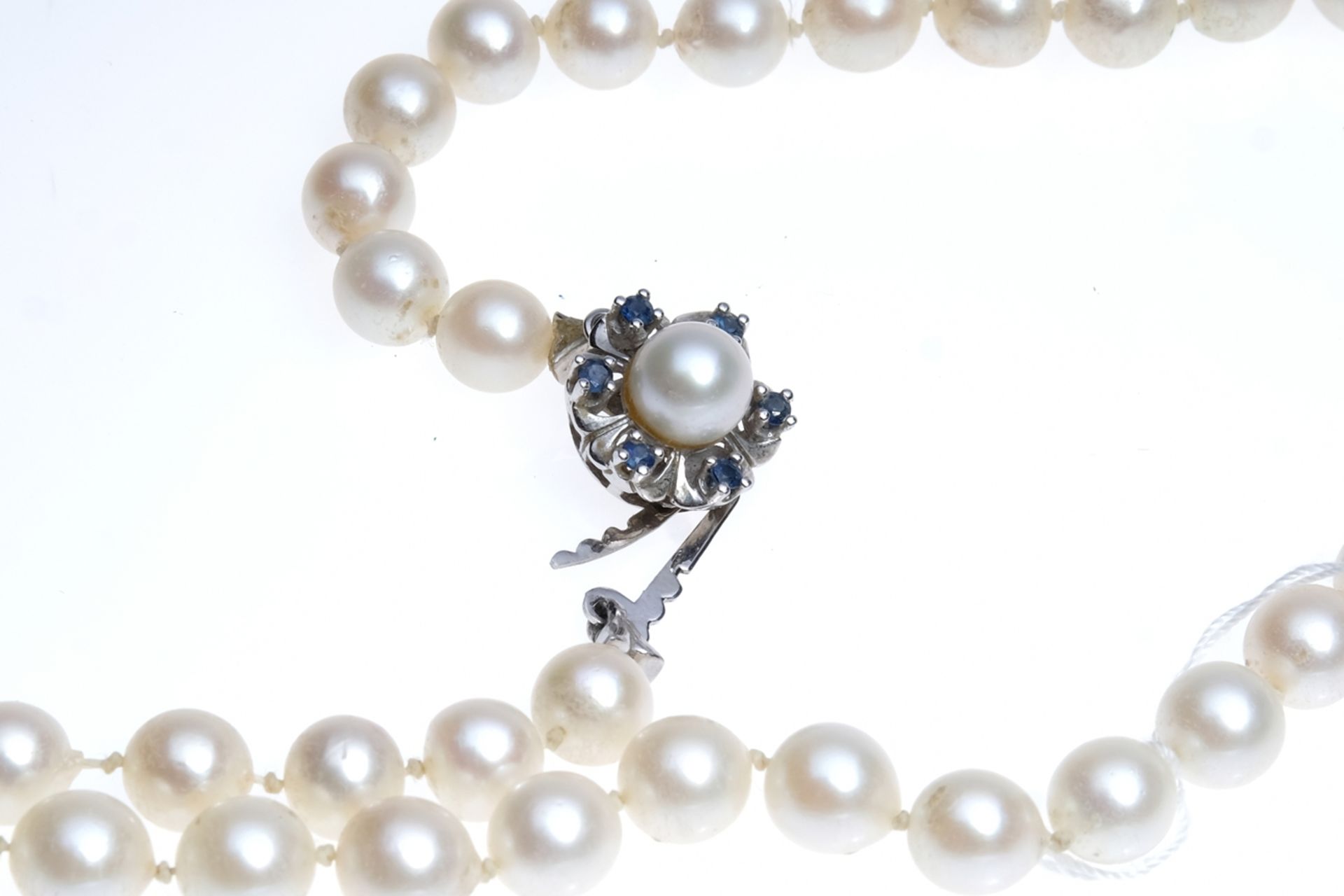 Pearl necklace, over 60 pearls, individually knotted, 585 white gold clasp, hallmarked, set with pe - Image 2 of 2