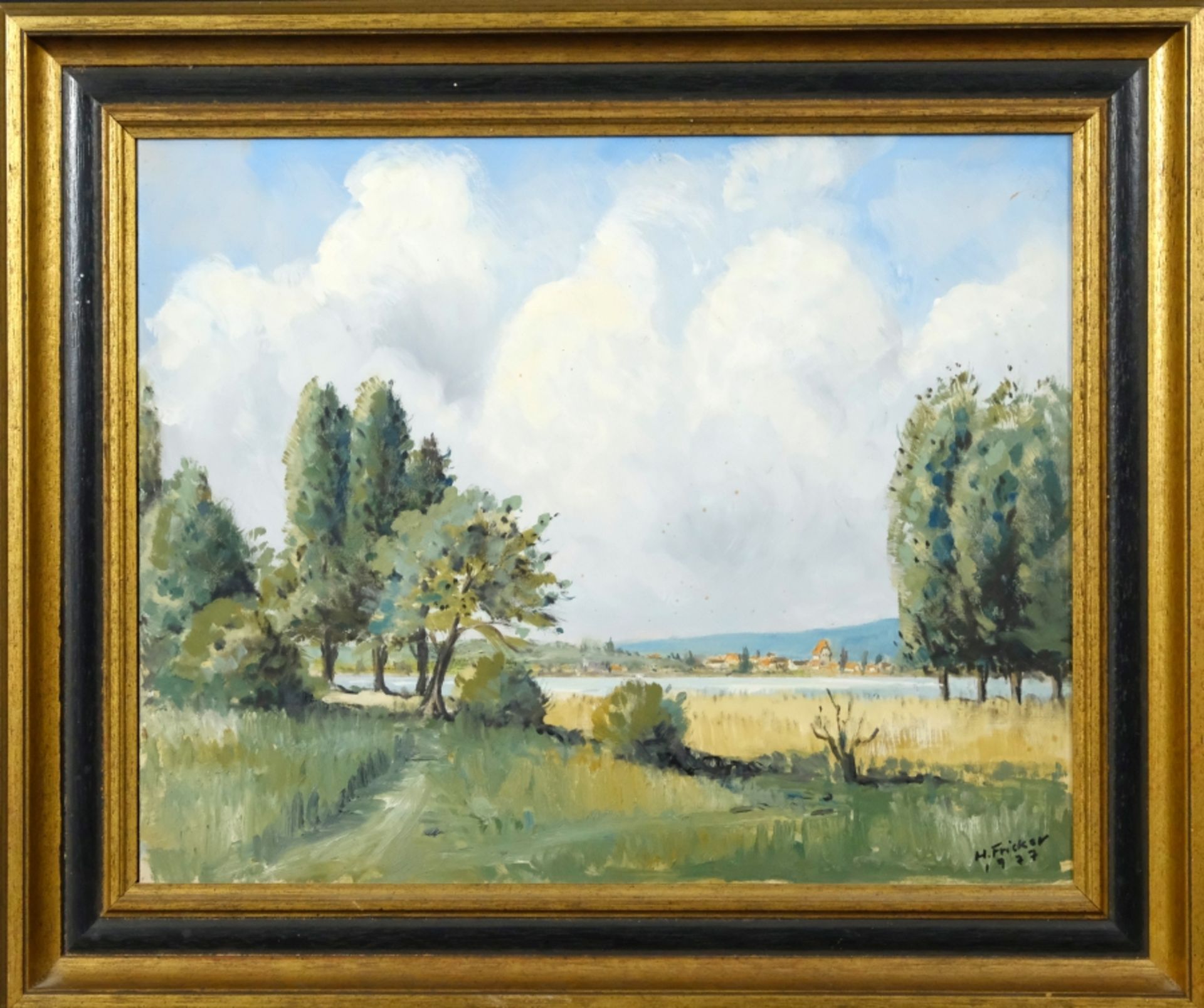 Fricker, H. (20th century)(20th century) View from Ermatingen to Oberzell with St George, 1977, oil - Image 2 of 4