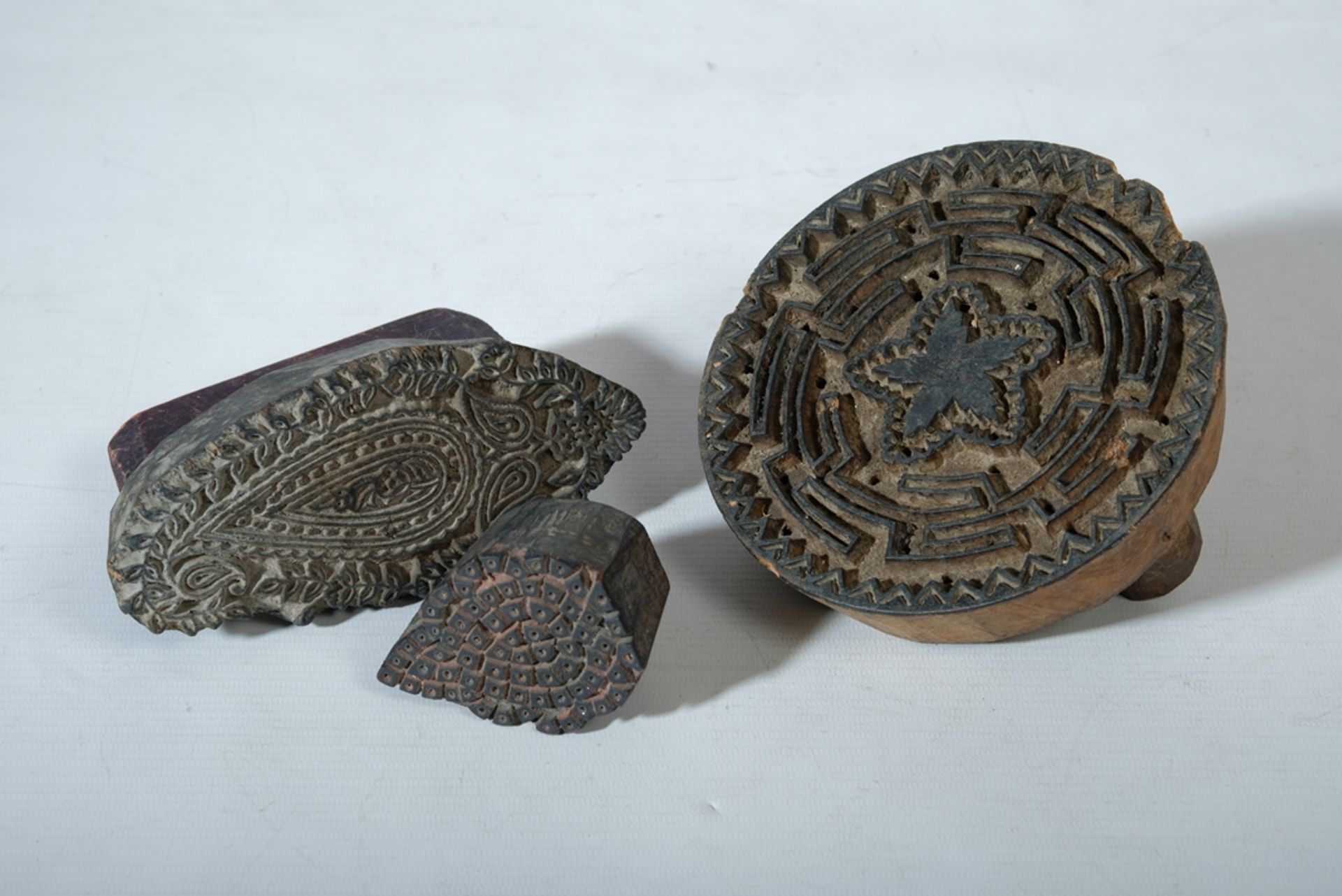 Indian wooden stamps, three pieces, antique for textile printing, hardwood, hand-carved, Rajasthan,
