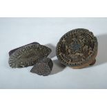 Indian wooden stamps, three pieces, antique for textile printing, hardwood, hand-carved, Rajasthan,