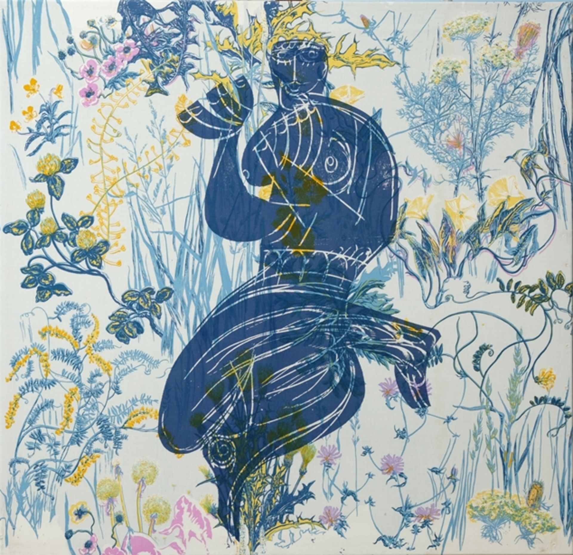 Grieshaber, HAP (1909-1981) "Vogelfrei II über Blumenwiese", 1974, Farbserigrafie auf Leinwand. Mee