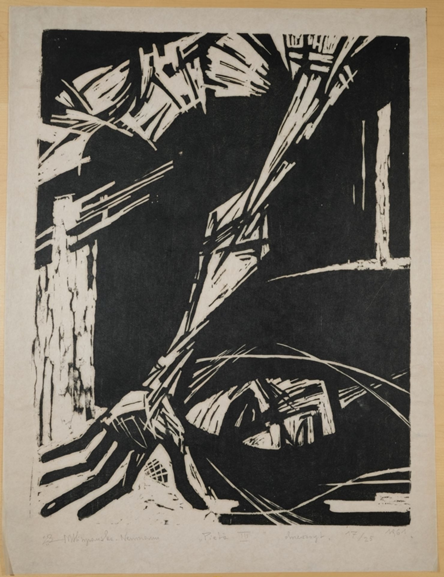 Hiszpanska-Neumann, Maria (1917-1980) "Pieta III", 1961, woodcut on tissue paper. Copy 17/25, signe