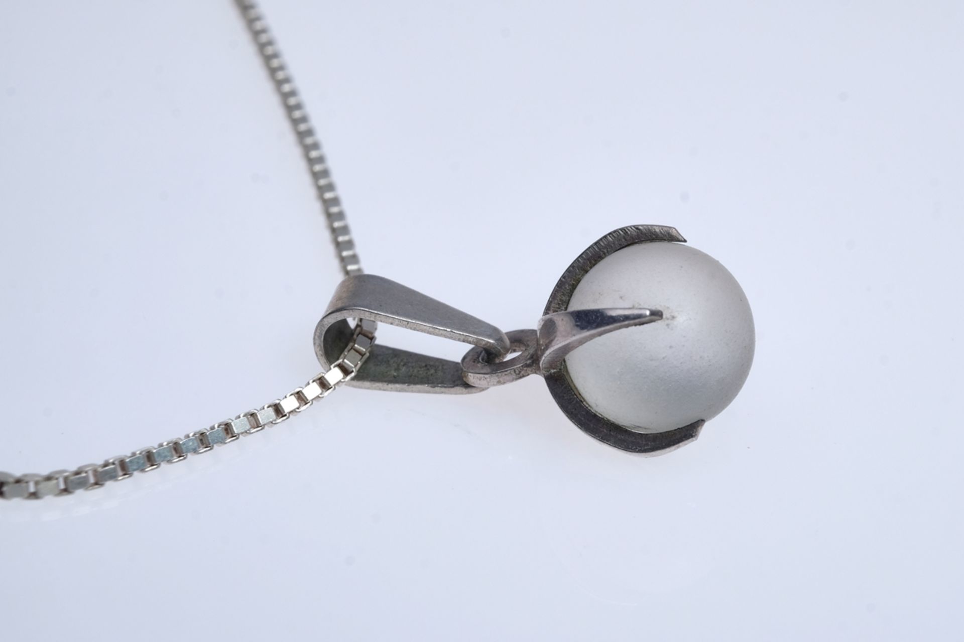 Silver necklace with ball pendant, this holds a frosted glass ball. Necklace 925 sterling silver, p