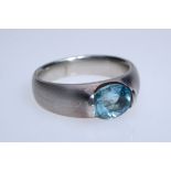 Ring set with large aquamarine (8x10mm), oval cut, beautiful brilliance, silver 925 setting, hallma