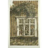 Böckmann, Bengt (born 1937) "Untitled", facade of a wooden house, large window from which 19 human 