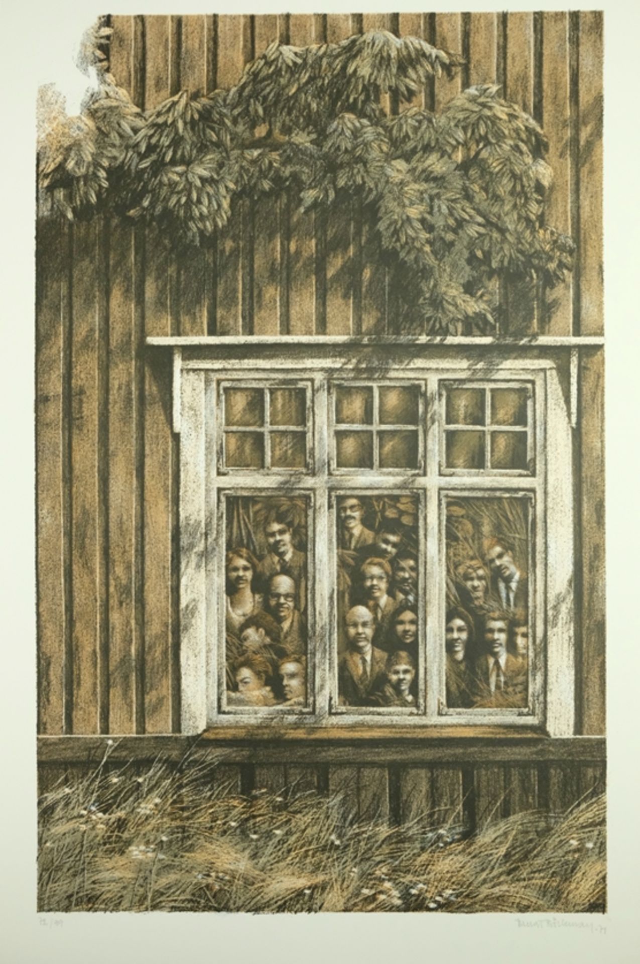 Böckmann, Bengt (born 1937) "Untitled", facade of a wooden house, large window from which 19 human 