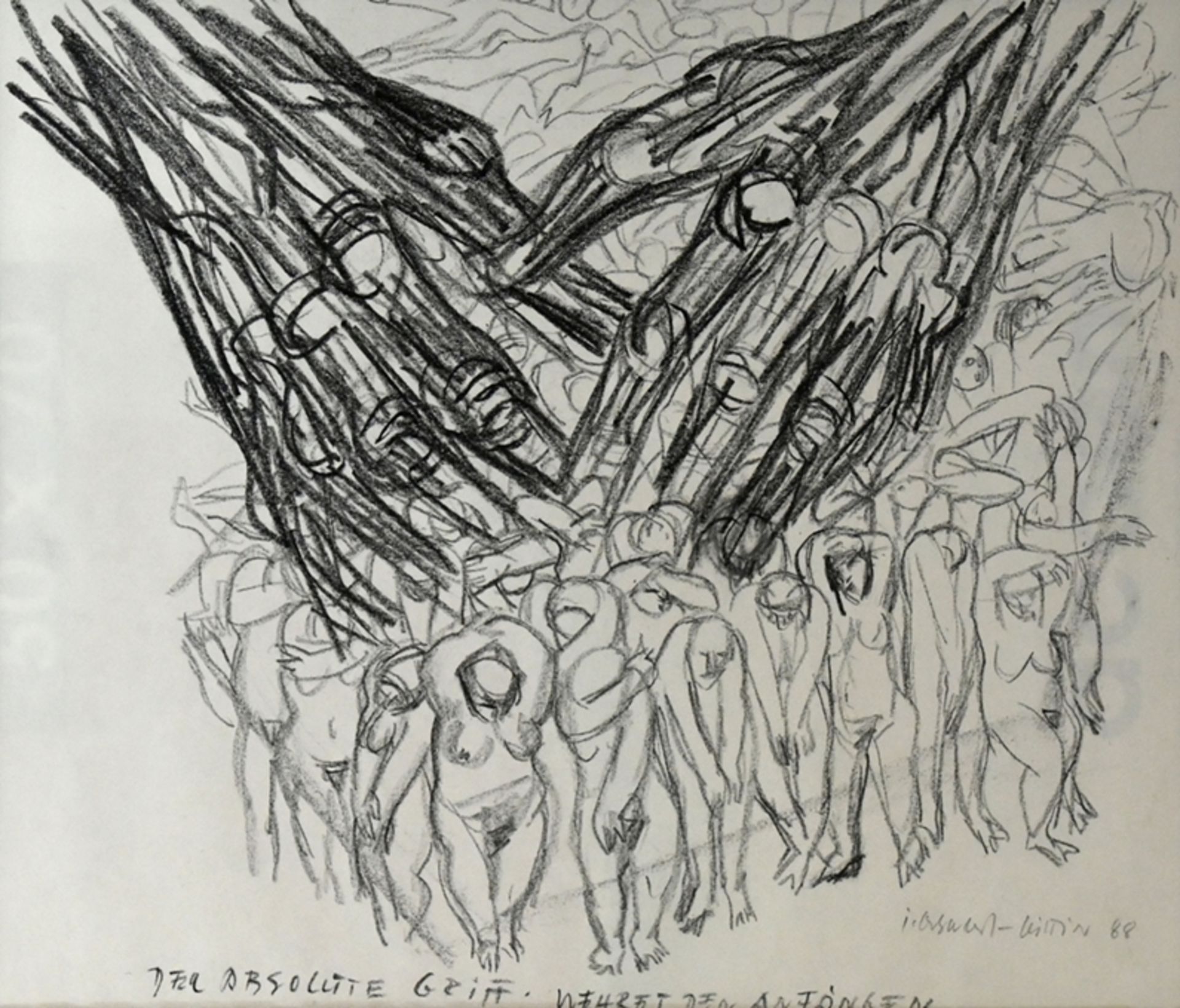 Osswald-Lüttin, Ingeborg (1921-2013) "Der absolute Griff - Wehret den Anfängen", 1988, Bleistift/Ko